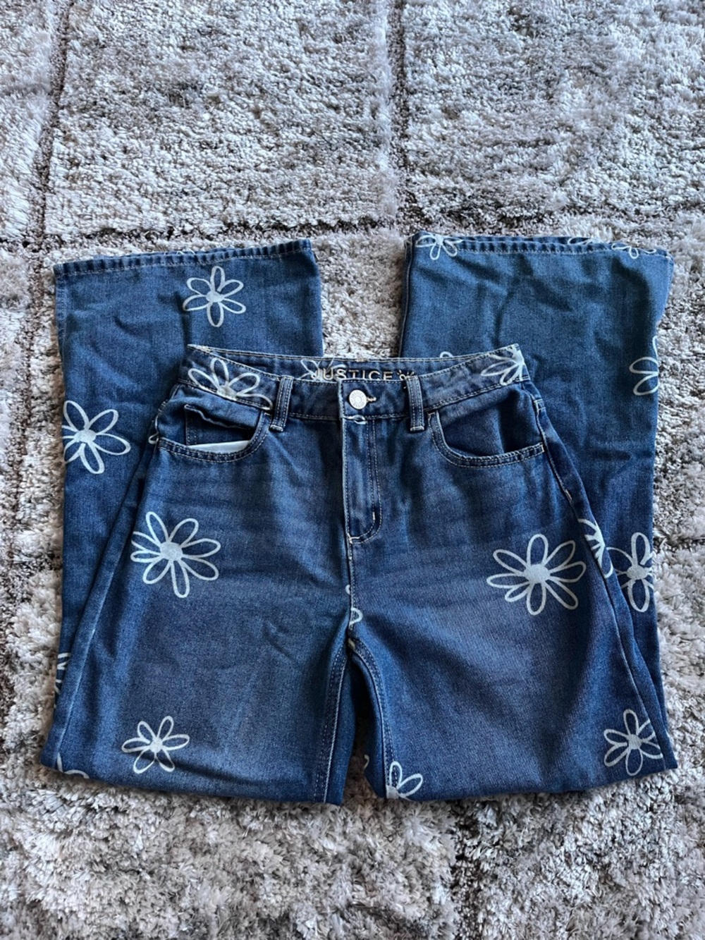 Justice Dark Blue Denim Flare Jeans with White Floral Print